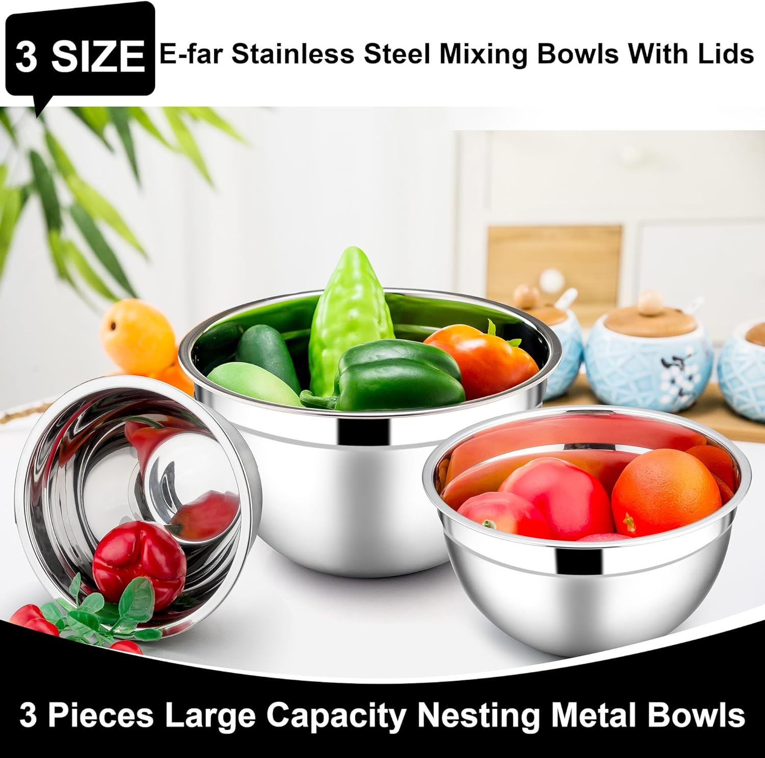 e far mixing bowls with lids, 6 piece stainless steel salad bowls metal nesting bowls for baking cooking and prepping, airtight lids & stackable design, size 4.5, 3, 1.5 qt (black)