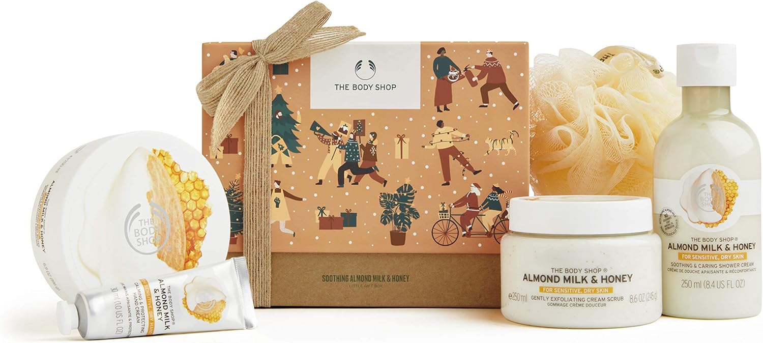 the body shop almond milk and honey 5 pack medium gift set, includes our signature enriched with community trade shea butter, 24.68 fl oz