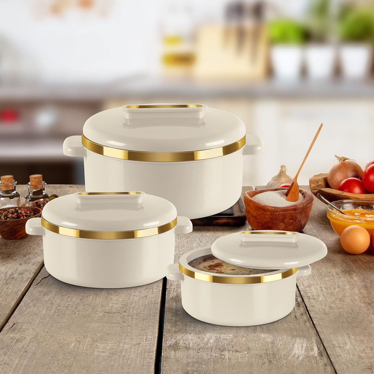 milton casserole set (450/840/1300ml) insulated stainless steel hotpot with lids, food grade, hotbox storage container for serving chapati, roti, حرارات لحفظ الطعام curve ivory