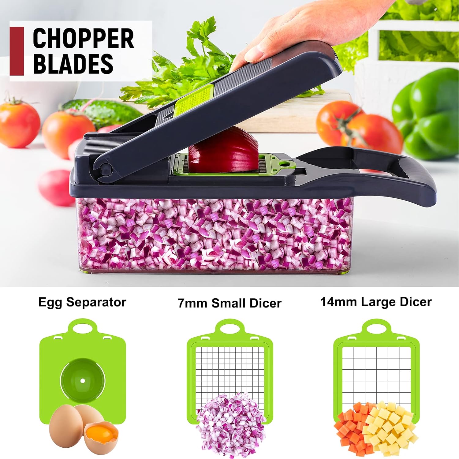 awh amzeth vegetable chopper, 16 in 1 food chopper, pro onion chopper, kitchen vegetable cutter slicer dicer, veggie chopper with 8 blades, potato carrot garlic chopper with container (gray)