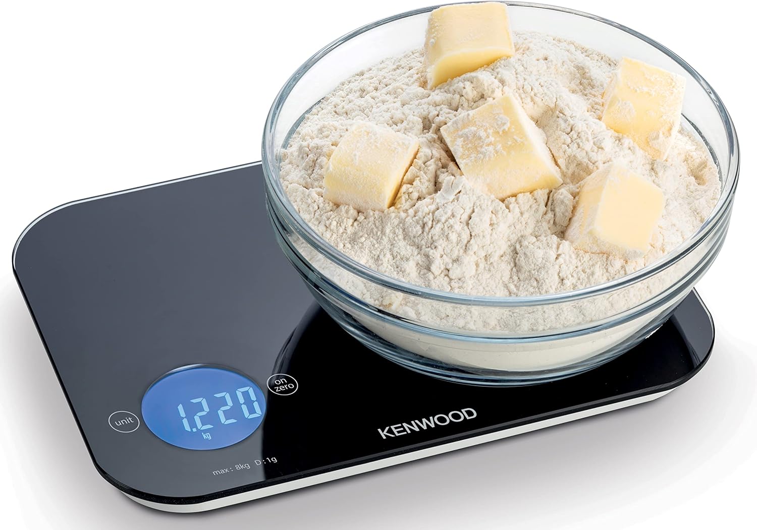 kenwood digital kitchen scale 5gm 8kg capacity weight scale 4mm tempered glass, touch control, 3 aaa batteries, tare/zero function, auto shut off wep50.000bk black
