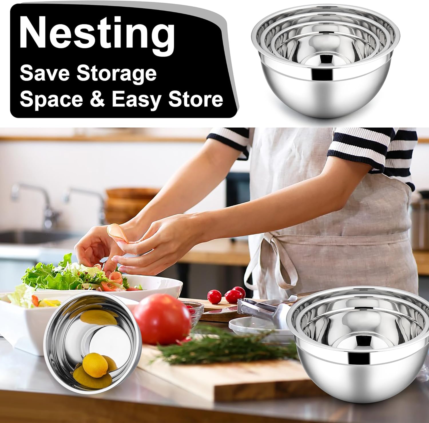 e far mixing bowls with lids, 6 piece stainless steel salad bowls metal nesting bowls for baking cooking and prepping, airtight lids & stackable design, size 4.5, 3, 1.5 qt (black)