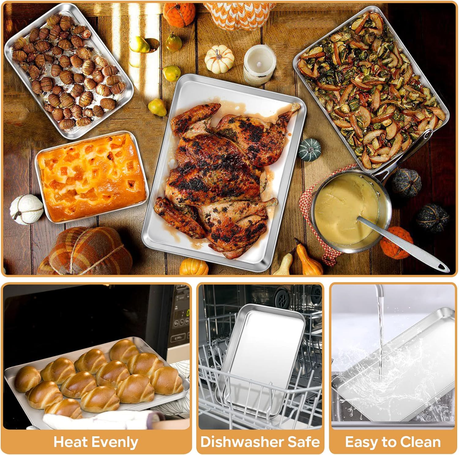 onader baking tray set of 4, stainless steel oven trays rectangle cookie sheet pan, perfect for baking cooking serving, non toxic & healthy, heavy duty & sturdy, mirror finished & dishwasher safe