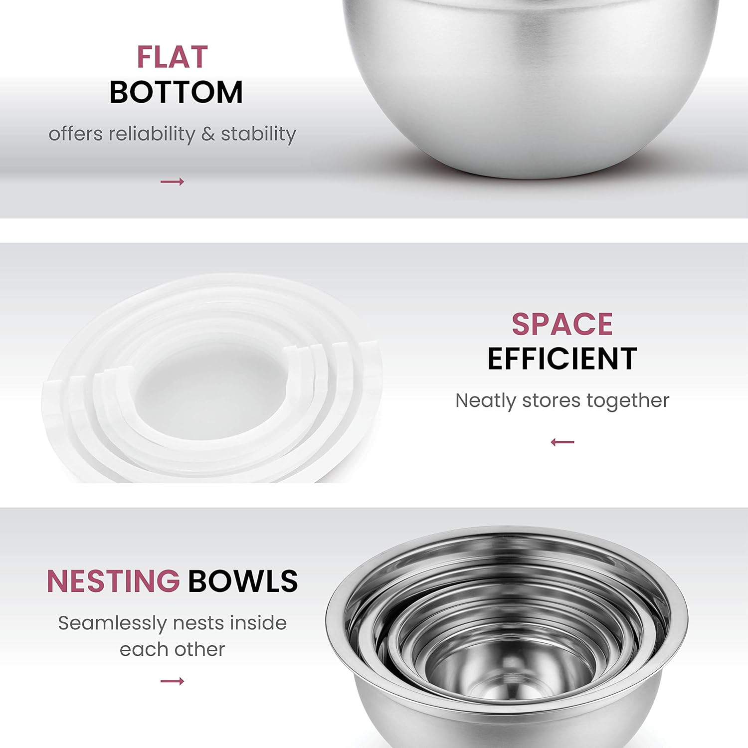 finedine premium various sizes stainless steel mixing bowl (set of 5) with airtight lids, flat base for stability & easy grip whisking, mixing, beating bowls nesting & stackable for convenient storage