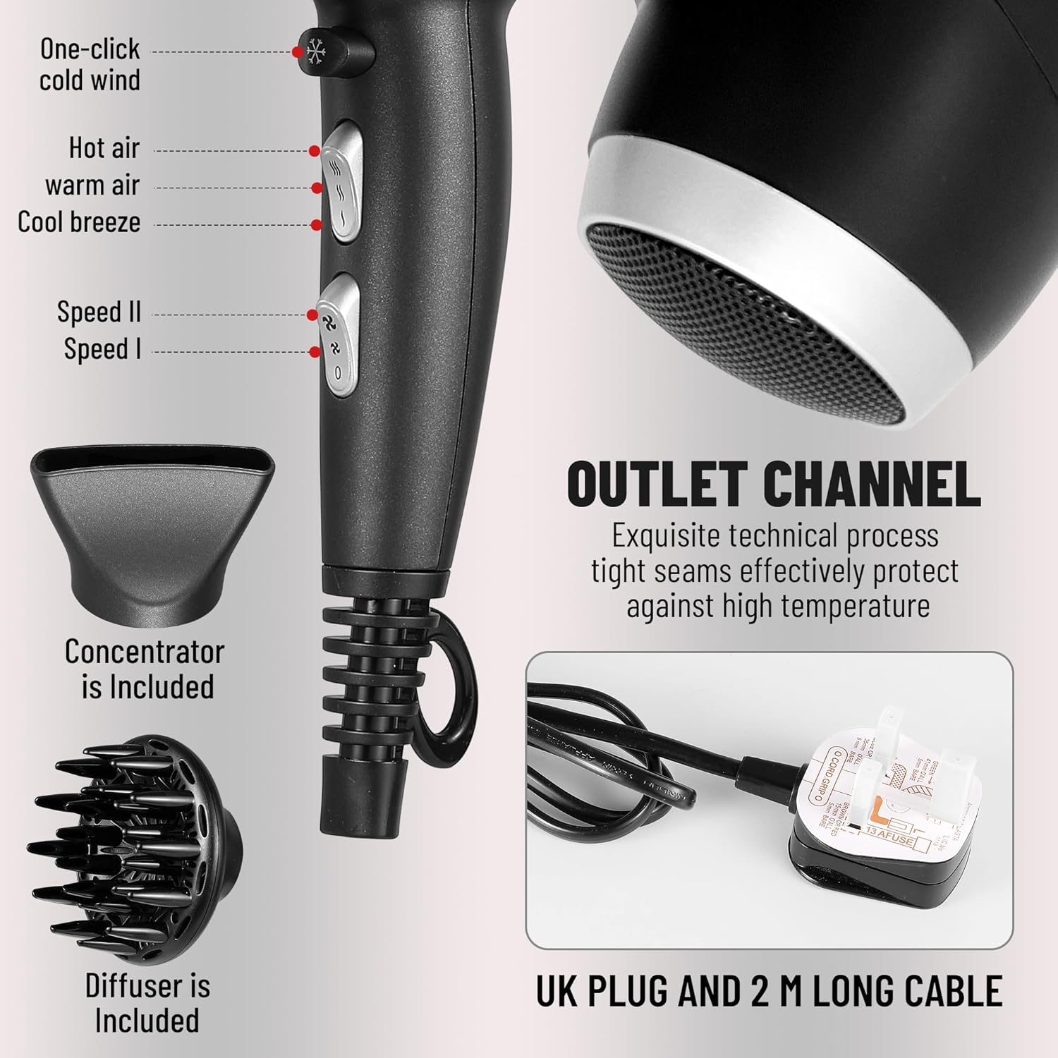 klovvy hair dryer with diffuser, 2200w powerful hair dryer with diffuser and concentrator heads, 2 speed settings, 3 heat settings, frizz control with ionic function