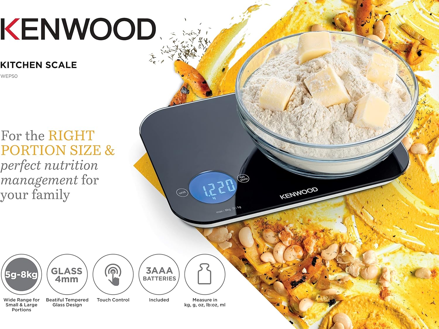 kenwood digital kitchen scale 5gm 8kg capacity weight scale 4mm tempered glass, touch control, 3 aaa batteries, tare/zero function, auto shut off wep50.000bk black
