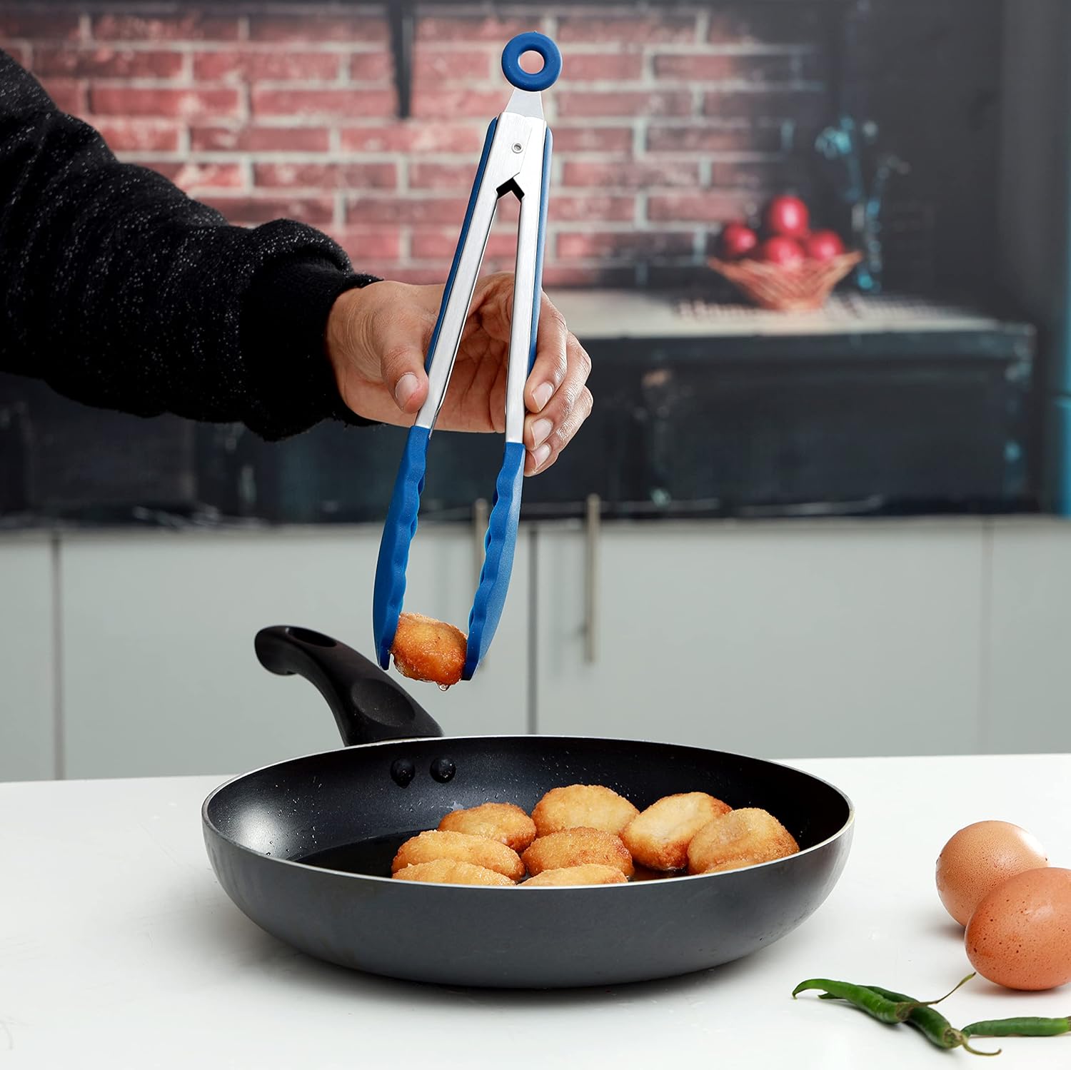 royalford silicone food tong, 27cm grade rf10656 stainless steel handle with easy grip & smart padlock system tong for serving, frying, cooking, multicolor