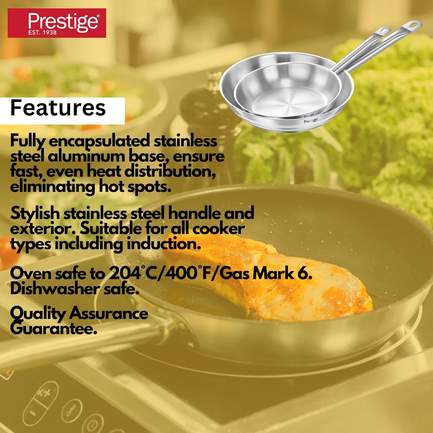 prestige stainless steel 2 piece fry pan set, silver, 22x26 cm