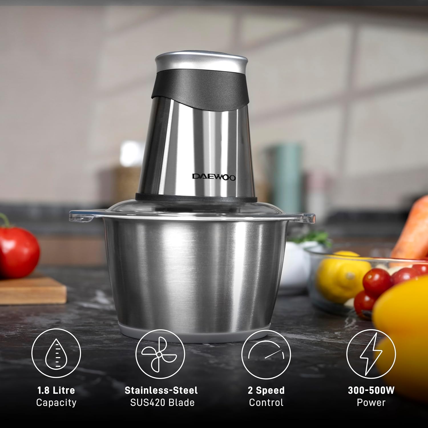 daewoo dfc 217a 1.8l food chopper for meat, vegetables, fruits and nuts 300 500w with bpa free glass bowl 2 years warranty.