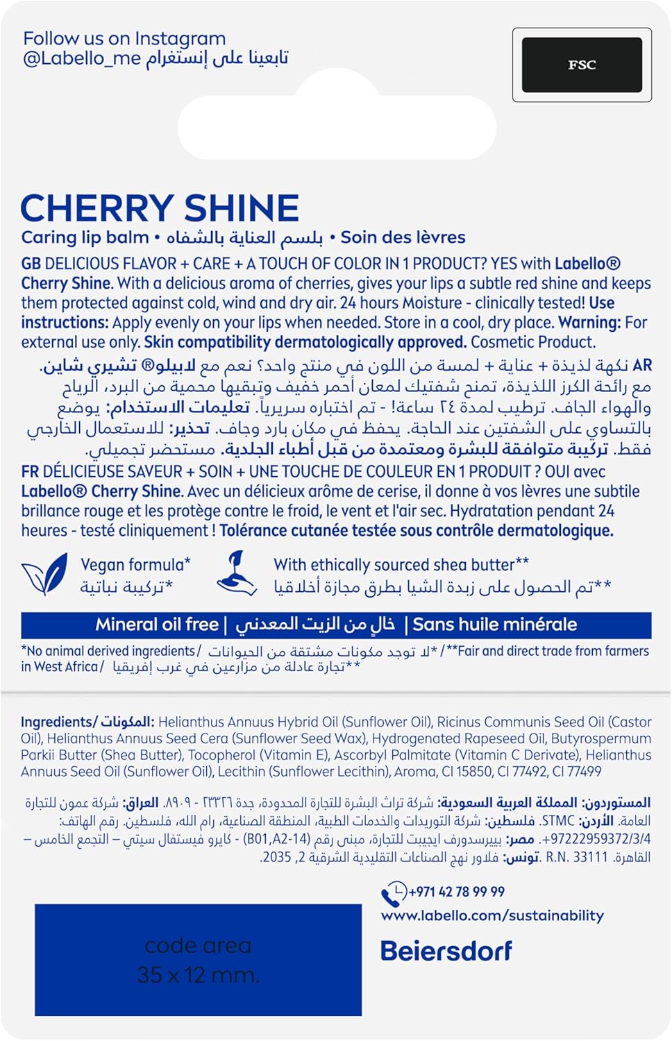 labello cherry shine lip balm, 24h melt in moisture, with shea butter and natural oils enriched with vitamins, with natural ingredients, mineral oil free, vegan, 4.8g