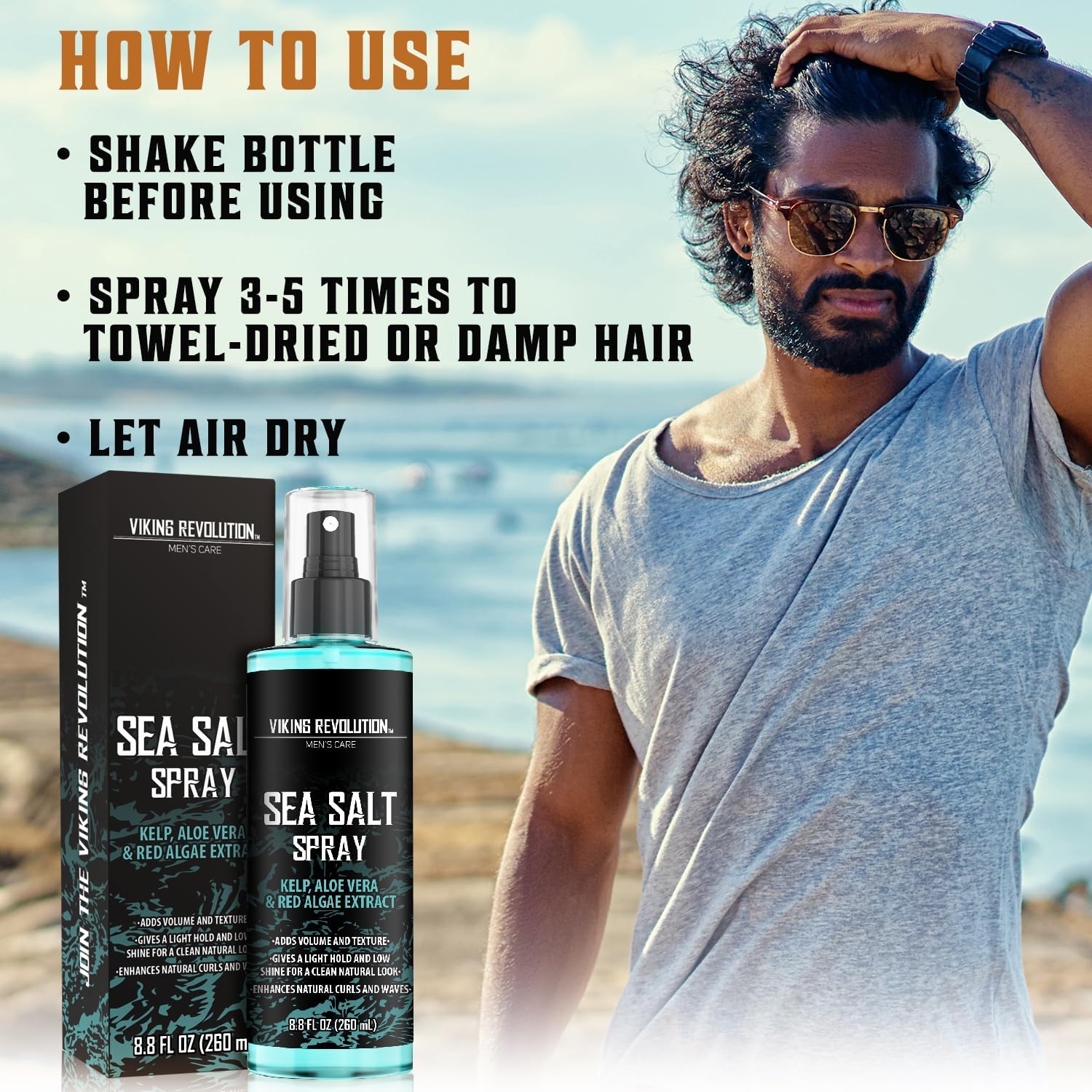 viking revolution sea salt spray for hair men hair spray with kelp, aloe vera & red algae surf spray to add volume and texture 260ml