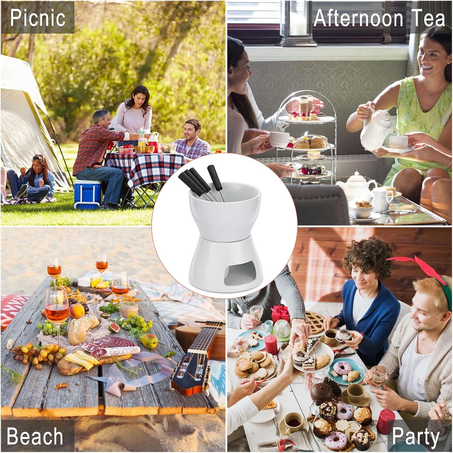 syosi chocolate fondue pot, ceramic chocolate melting pot, candle heating chocolate fondue set with 4 forks diwali for chocolate/cheese/butter/candy, ceramic chocolate melter, diy kitchen tools