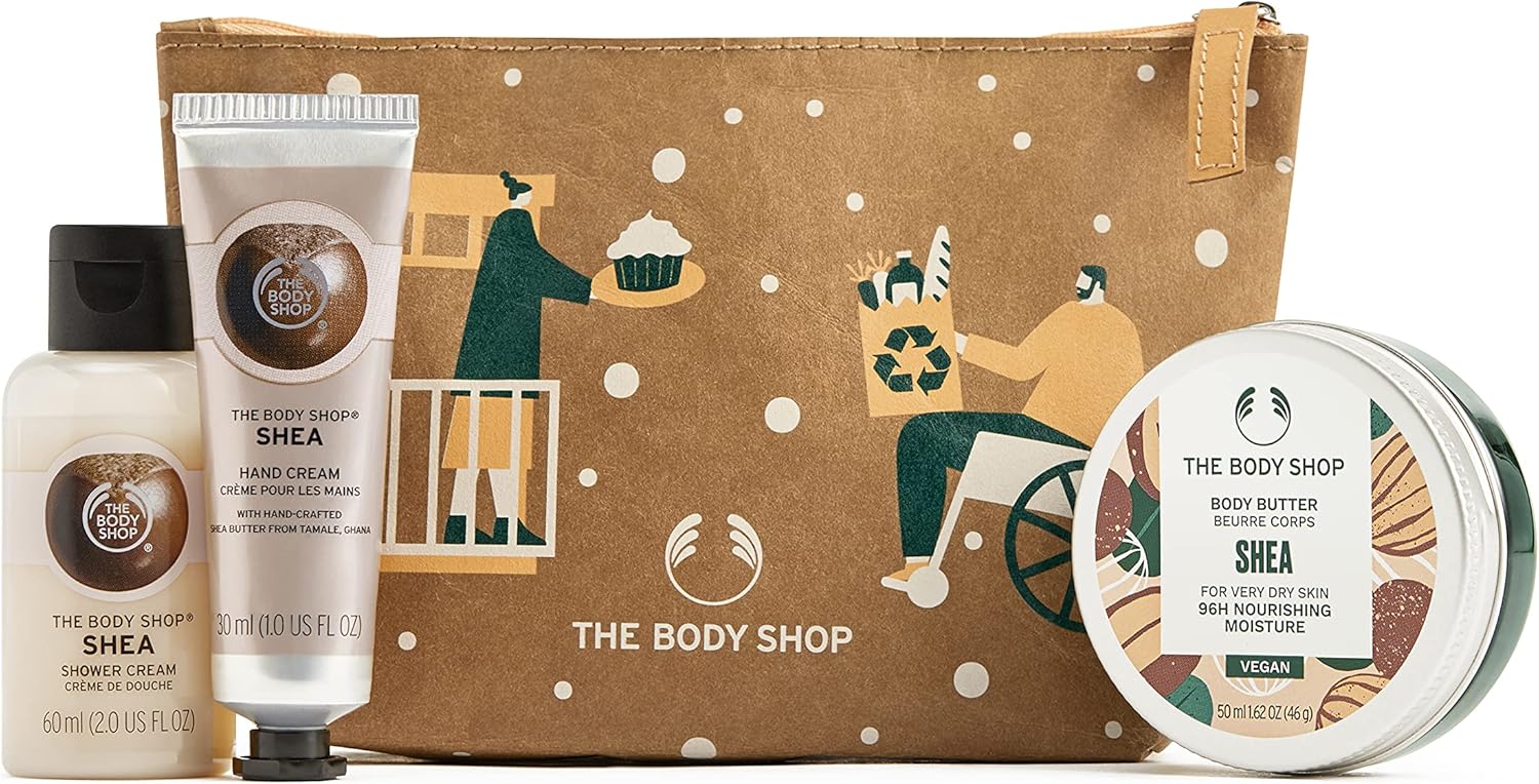 the body shop nutty & nourishing shea mini gift set, hydrating & moisturizing skincare treats for very dry skin, 3 count