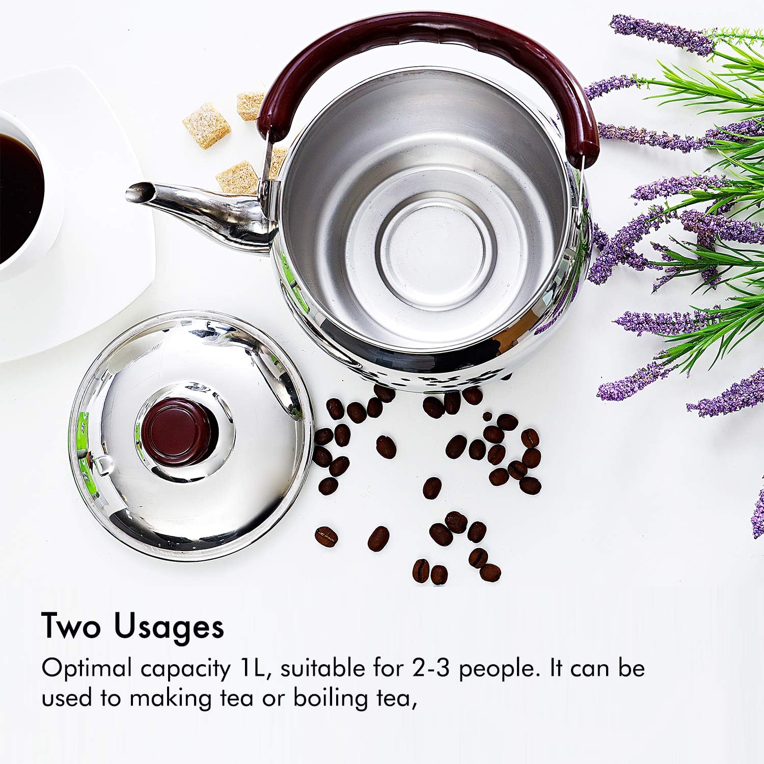 royalford stove top tea kettle – large capacity stainless steel stove top tea pot tea coffee pot ideal for home office & hotel – compact & stylish design with heat resistant handle, 1 liter