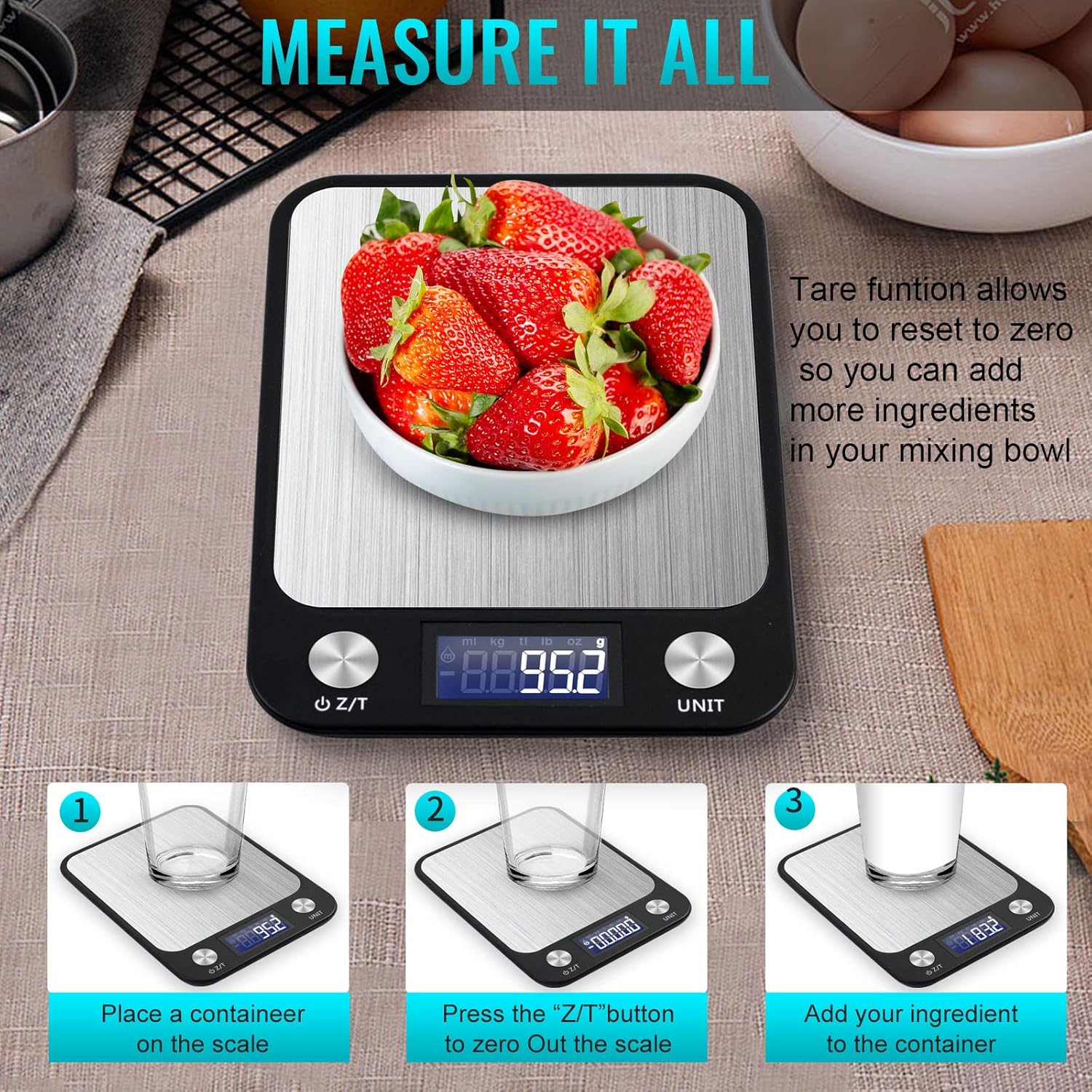 sky touch digital kitchen scale multifunction food scale, touch button, ultra slim with large lcd display, 11lb/5kg, 22lb/5kg, stainless steel (batteries included) (10000g/1g)