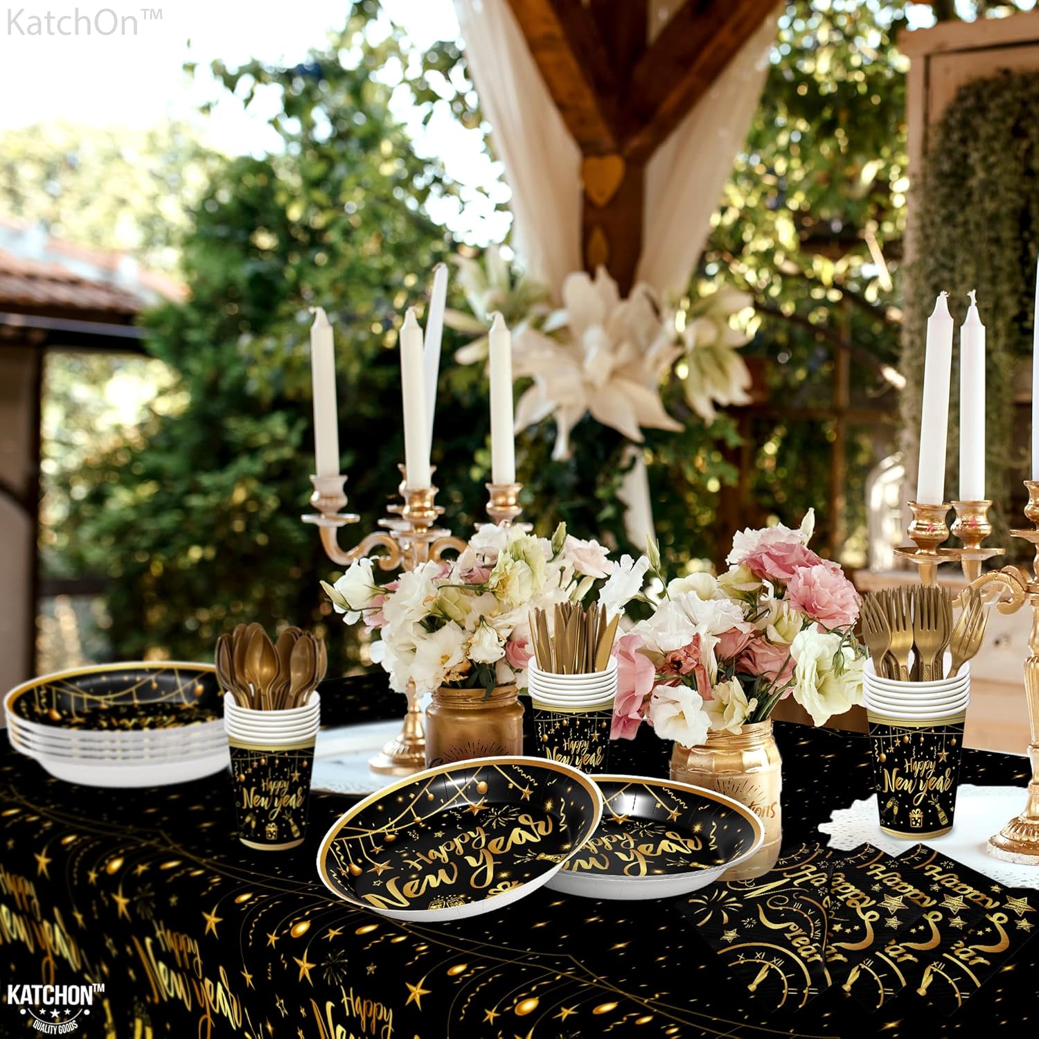 katchon, new years eve plates and napkins set serves 25 guest | happy new years tableware | new years plates and napkins and cups with happy new year tablecloth | new years eve party supplies 2025