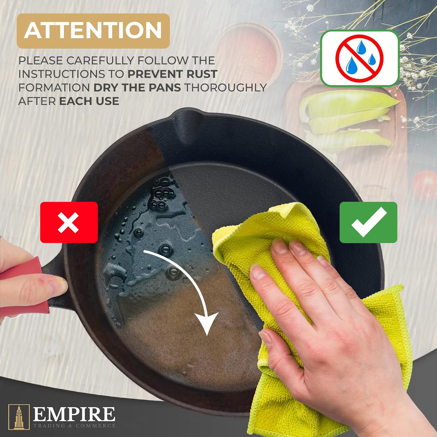 empire cast iron skillet set of 3 pcs, best heavy duty cast iron pan, pre seasoned non stick frying pans 11.8”, 10.2” & 7.8” with silicone handles, oil brush & scrapper, black cast iron cookware