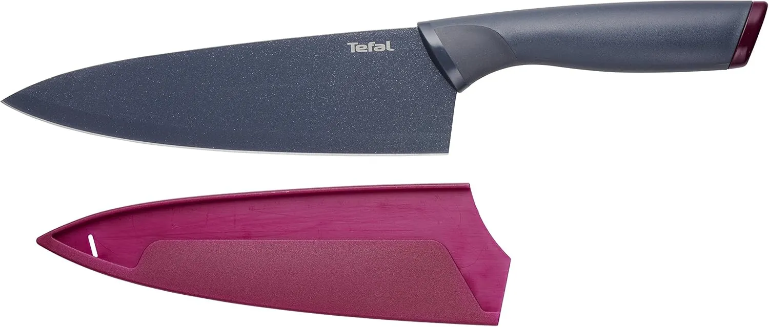 Tefal Fresh Kitchen 20 Cm Chef Knife With Cover, Grey/Purple, Stainless Steel/Plastic, K1220205