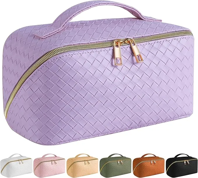 SFXULIX Large Capacity Travel Cosmetic Bag - Makeup Bag, PU Leather Waterproof Cosmetic Bag, Women Portable Travel Makeup Bag With Handle and Divider Flat Lay Makeup Organizer Bag