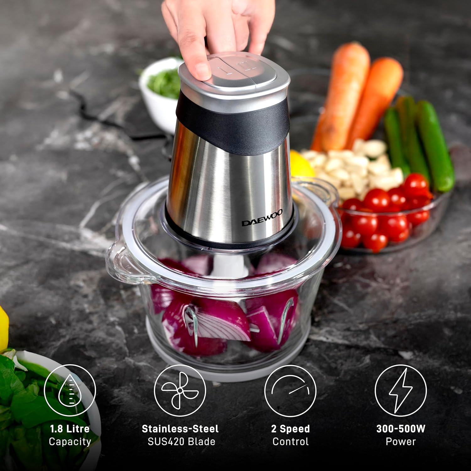 daewoo dfc 217a 1.8l food chopper for meat, vegetables, fruits and nuts 300 500w with bpa free glass bowl 2 years warranty.