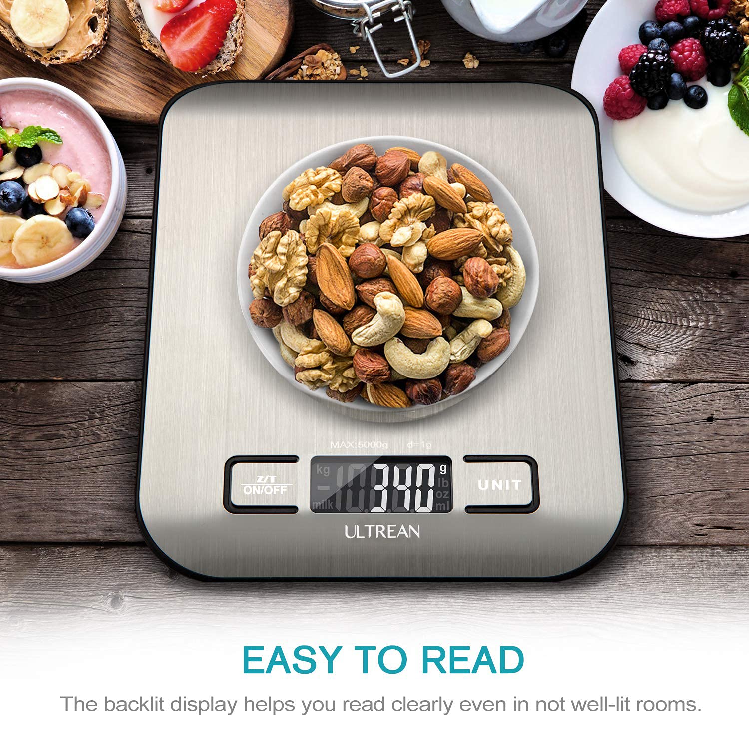 ultrean digital food scale, high precision kitchen scale, measures in grams and ounces for cooking and baking, 5 units with tare function, stainless surface (batteries included) silver