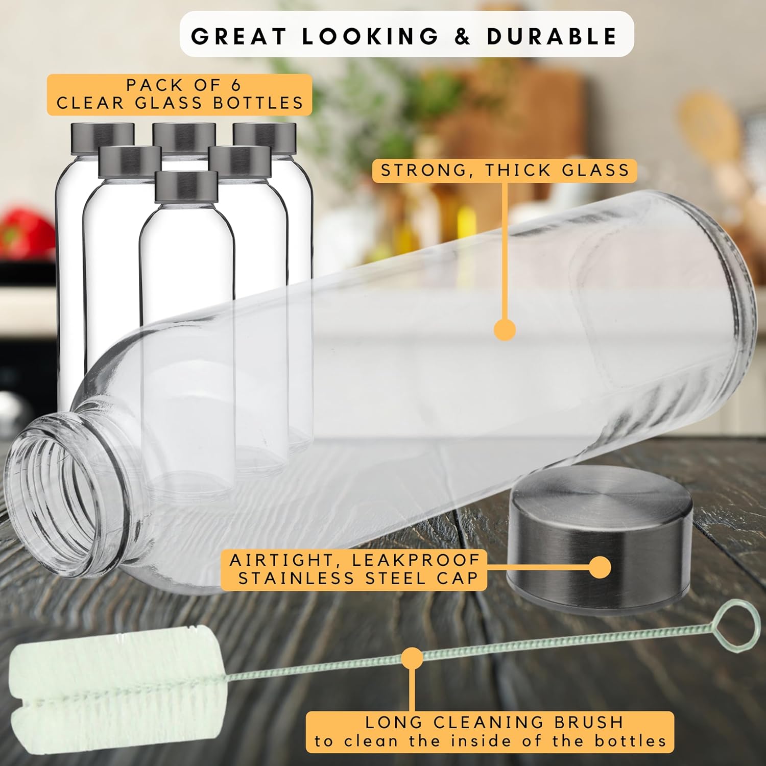 brieftons glass water bottles with caps: clear, 6 pack, 18 oz, leakproof lids, premium soda lime, best as reusable drinking bottle, sauce jar, juice beverage container, kefir kit, with cleaning brush