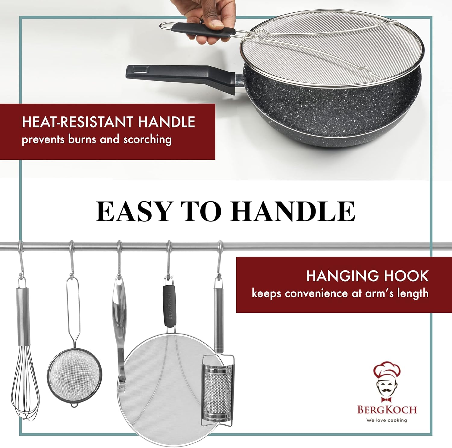 bergkoch grease splatter screen for frying pan 13" stops 99% of hot oil splash protects skin from burns splatter guard for cooking iron skillet lid keeps kitchen clean stainless steel