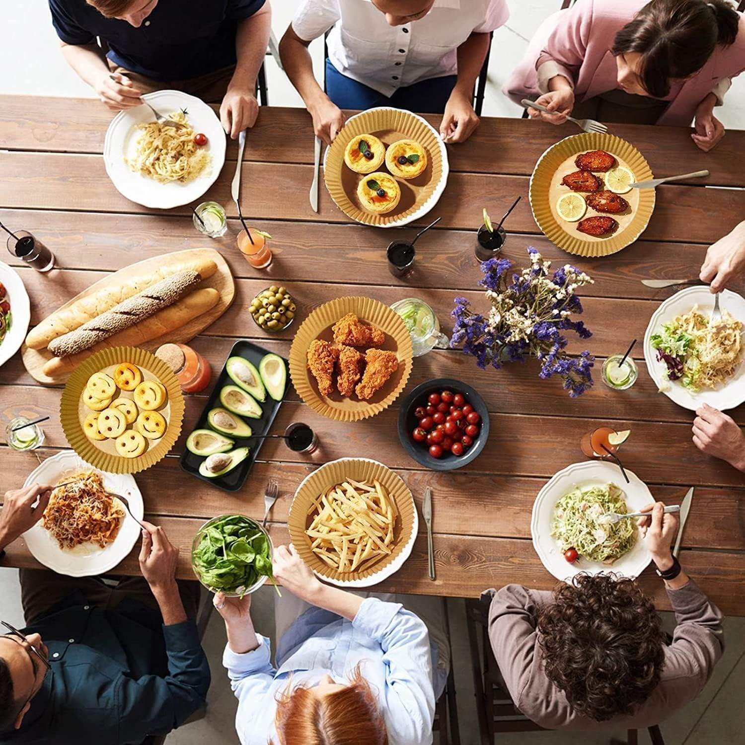 sky touch 100pcs air fryer disposable paper，non stick parchment paper for air fryer liners，round food grade baking paper for air fryer，16cm/6.3inch，brown