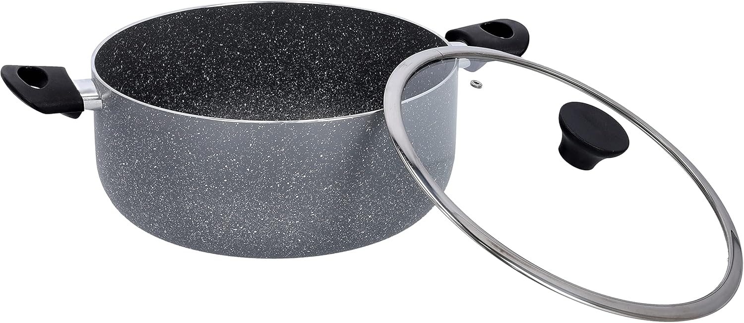 delcasa granite coated aluminium non stick casserole, dc1902,28cm induction safe, eco friendly 3 layer granite coating tempered glass lid, bakelite handle & knob cookware casserole pan