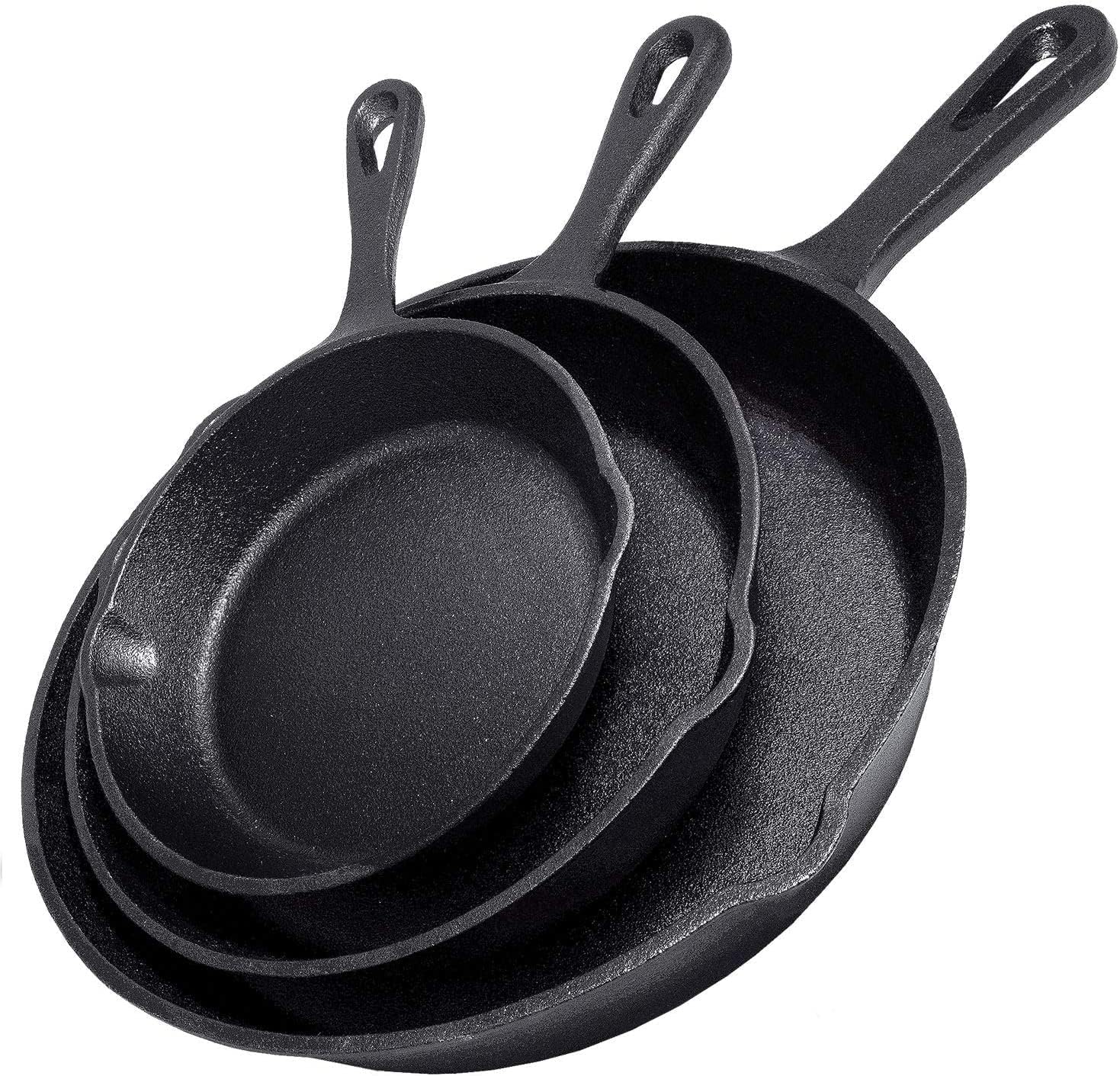 simple chef cast iron skillet 3 piece set best heavy duty professional restaurant chef quality pre seasoned pan cookware set 10", 8", 6" pans great for frying, saute, cooking, pizza & more,black