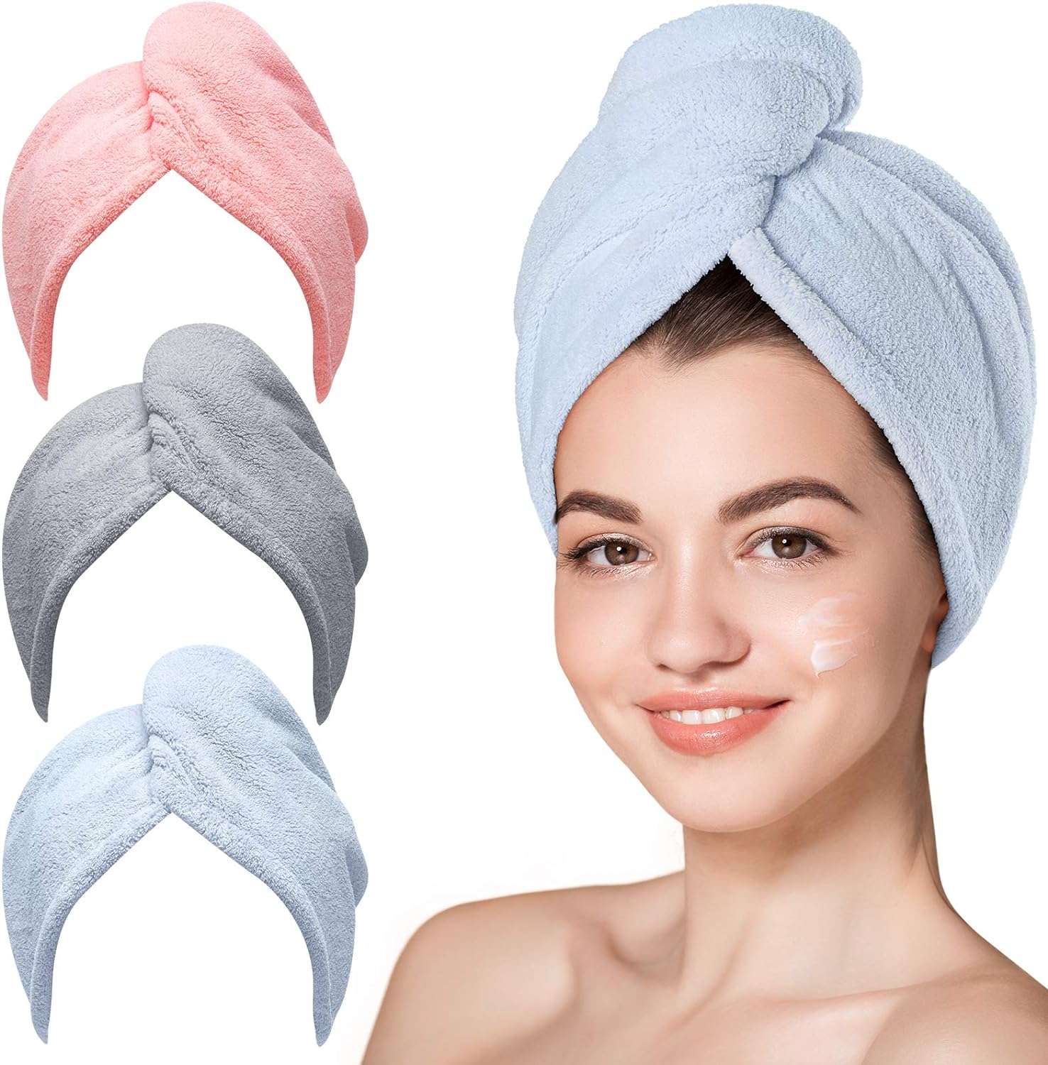 microfiber hair towel, 3 packs hair turbans for wet hair, drying hair wrap towels for curly hair women anti frizz color assorted