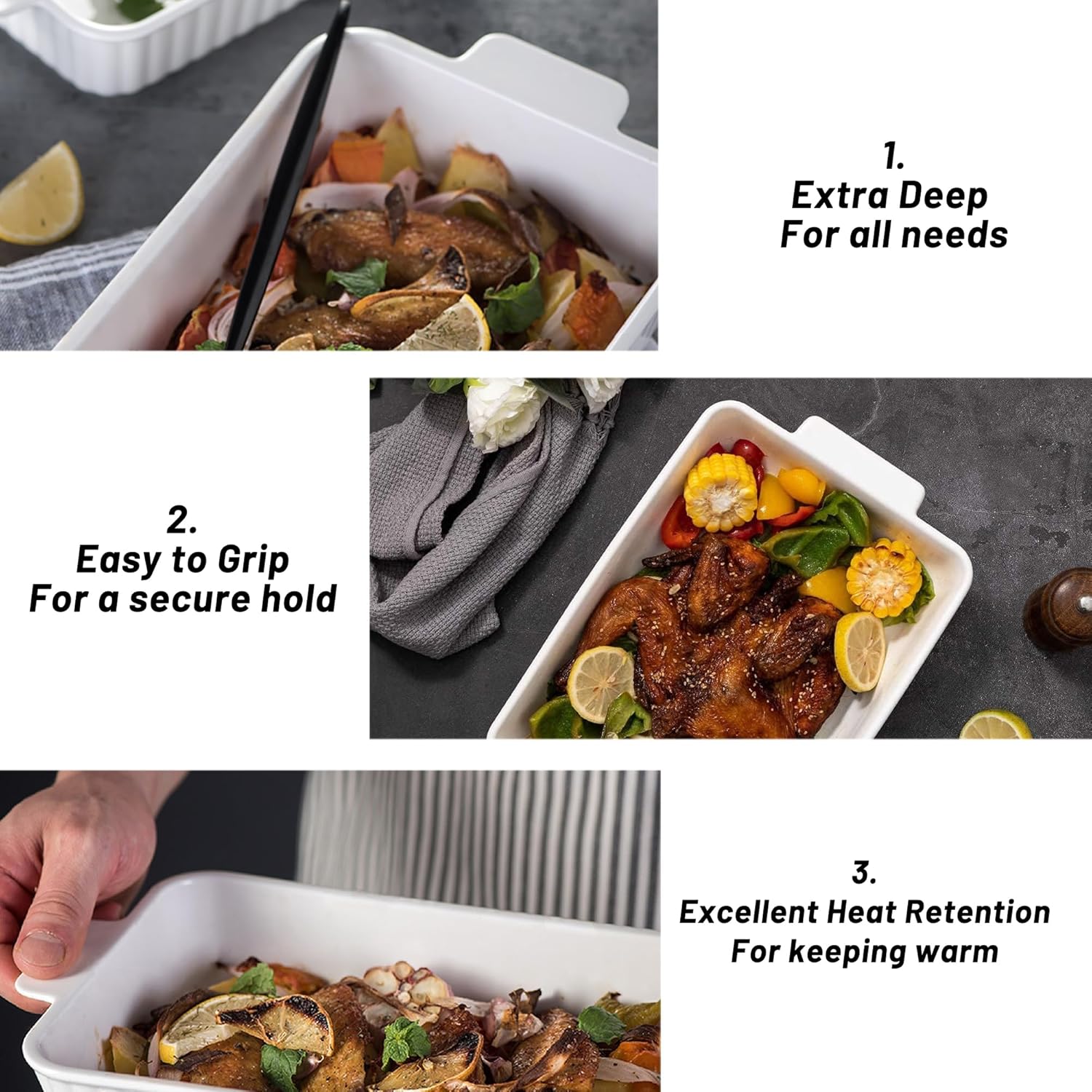 spnor casserole dish, 39 * 22 cm ceramic baking dish, large lasagna pan deep, casserole dishes for oven, 135 oz deep baking pan with handles, oven safe and durable bakeware for lasagna, roasts, white