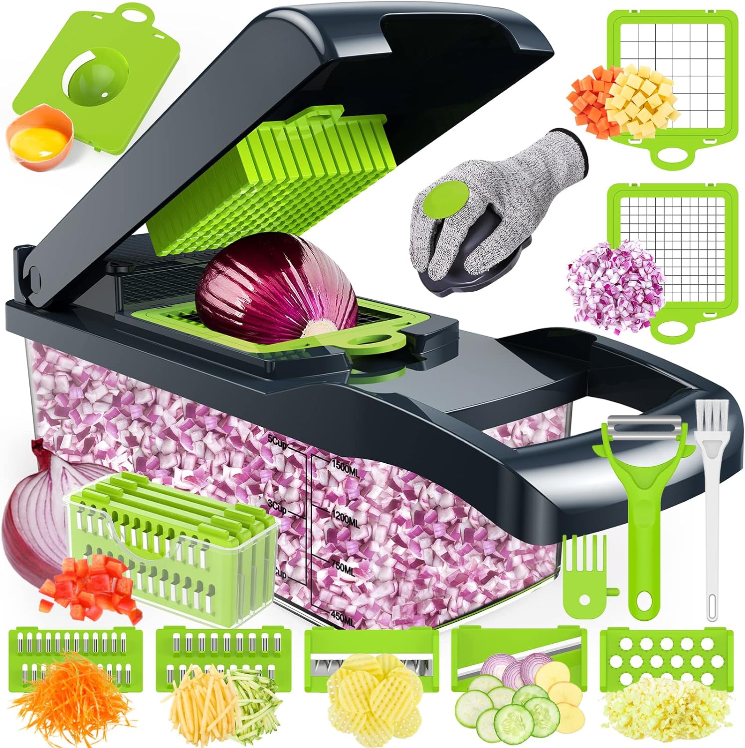 awh amzeth vegetable chopper, 16 in 1 food chopper, pro onion chopper, kitchen vegetable cutter slicer dicer, veggie chopper with 8 blades, potato carrot garlic chopper with container (gray)