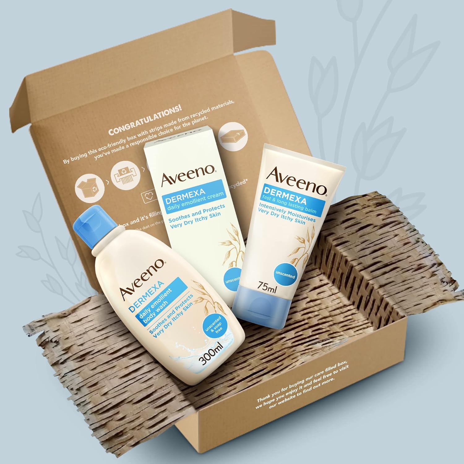 aveeno dermexa 3 step skincare set, nourishing skincare bundle with emollient body wash, lotion, and skin balm, soothing and protecting effect for very dry, itchy skin, suitable for sensitive skin