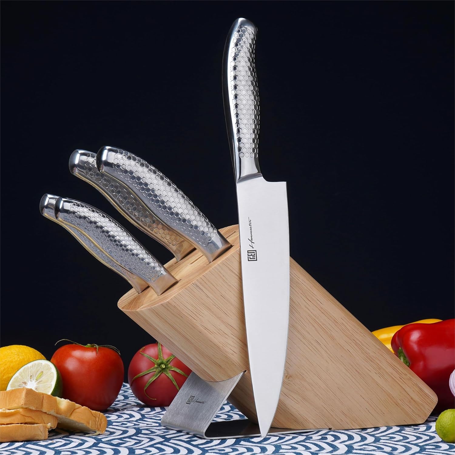 hanmaster kitchen knife set, one piece stainless steel knife sets for kitchen with block, 6 pieces solid natural wood knife block set, gift box packed, silver.