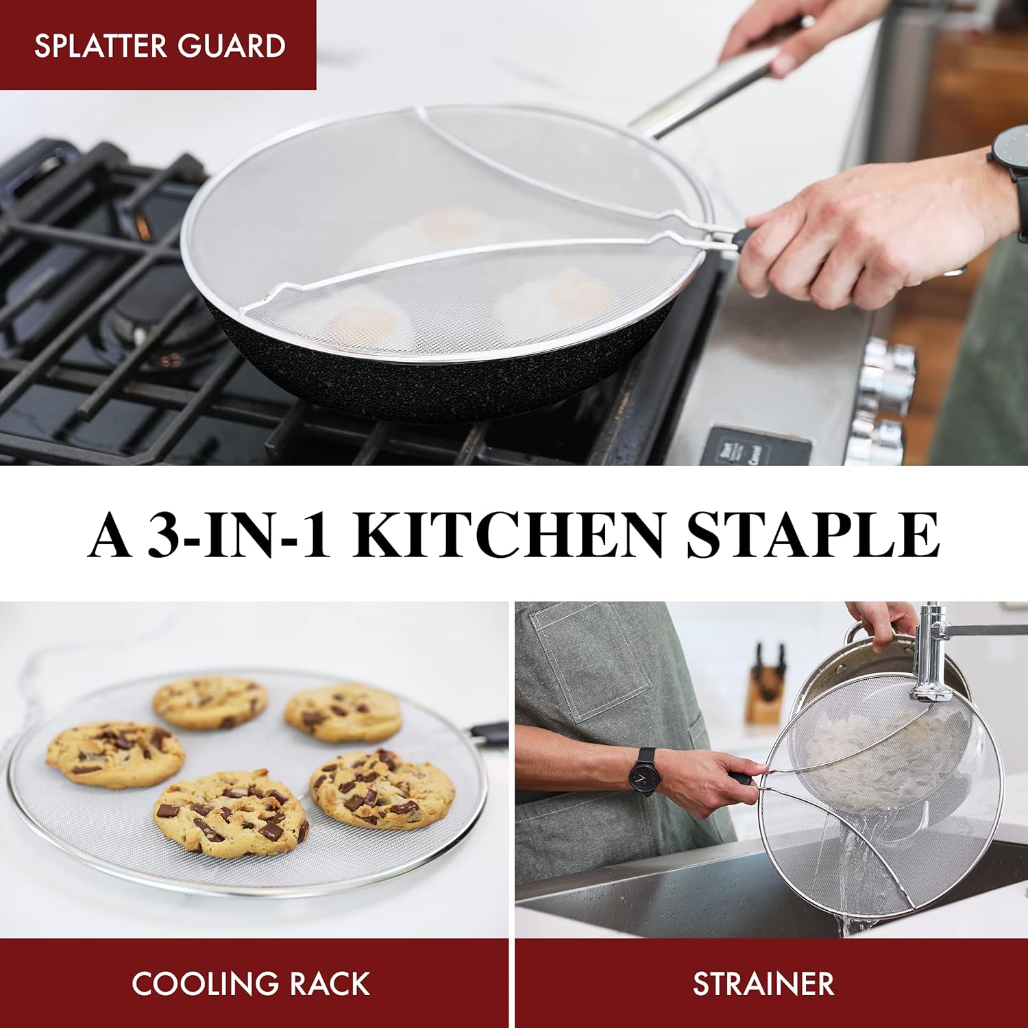 bergkoch grease splatter screen for frying pan 13" stops 99% of hot oil splash protects skin from burns splatter guard for cooking iron skillet lid keeps kitchen clean stainless steel