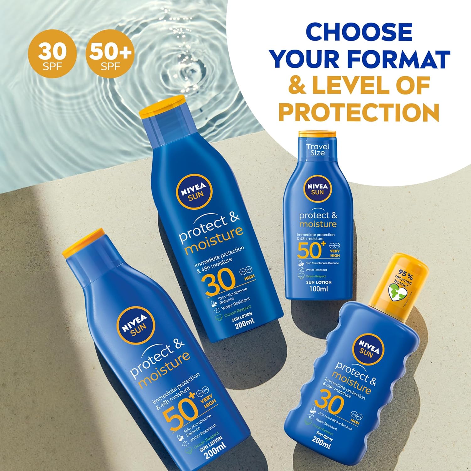 nivea sun lotion, protect & moisture, spf 50+, very high and immediate uva & uvb protection, 48h moisture, water resistant, skin microbiome balance, 200ml