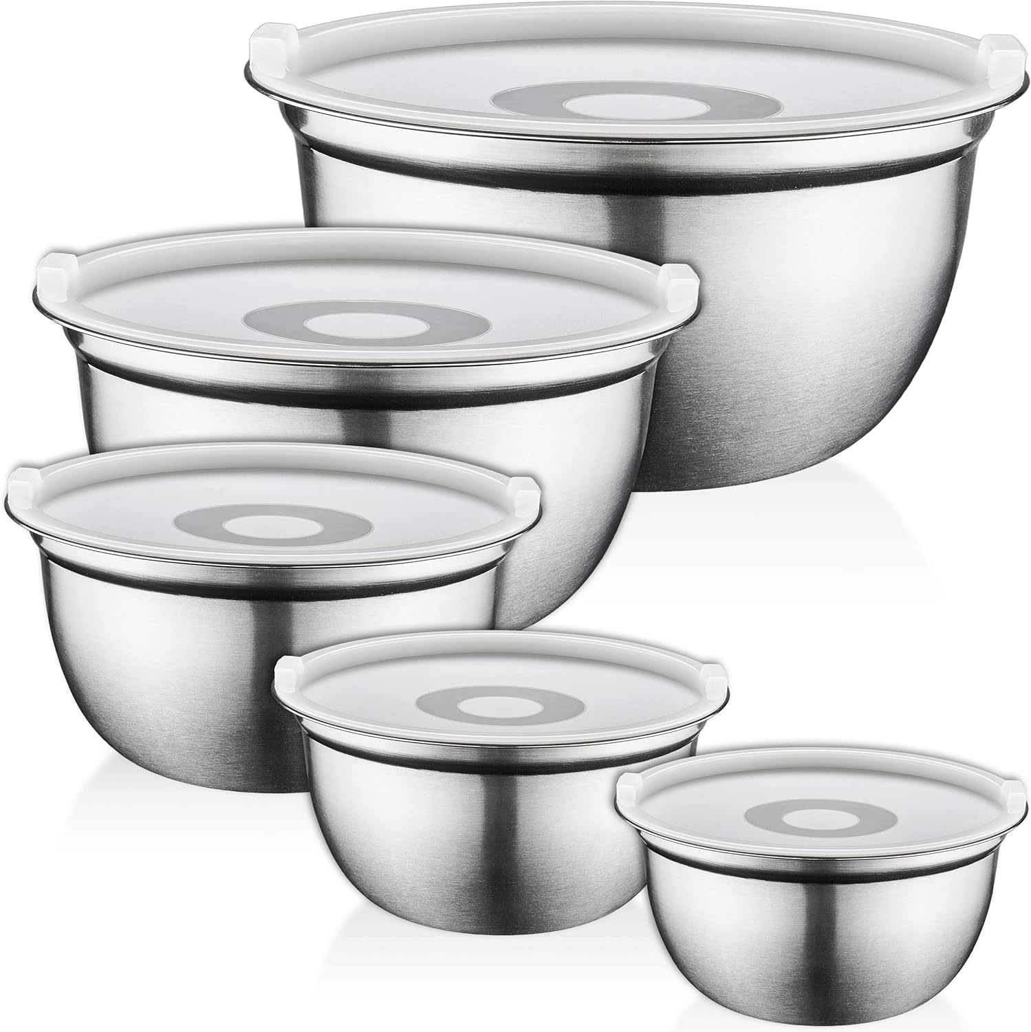 finedine premium various sizes stainless steel mixing bowl (set of 5) with airtight lids, flat base for stability & easy grip whisking, mixing, beating bowls nesting & stackable for convenient storage