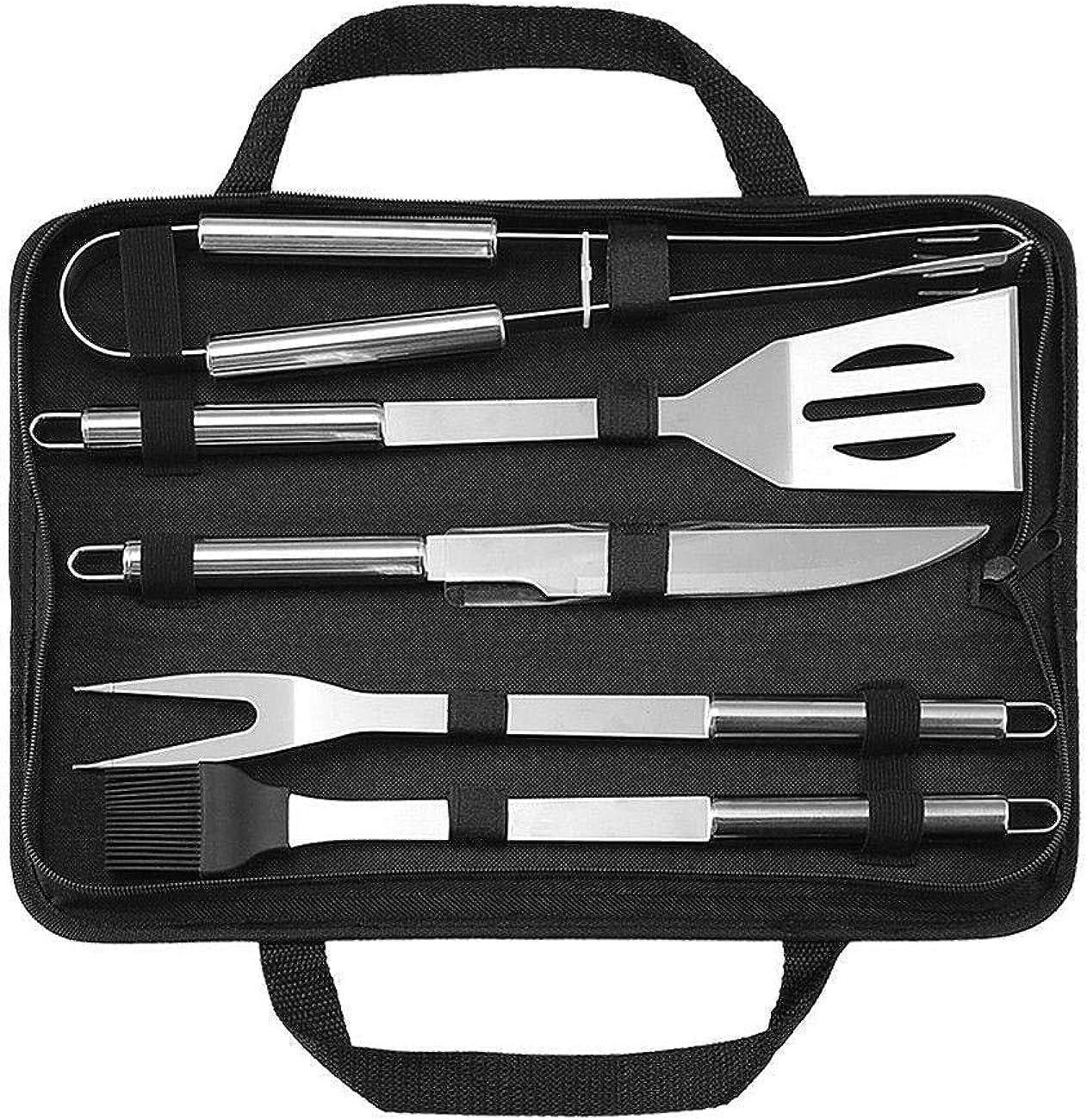 stainless steel bbq grill tool set with knife brush fork spatula and tong with oxford bag (5 pieces)