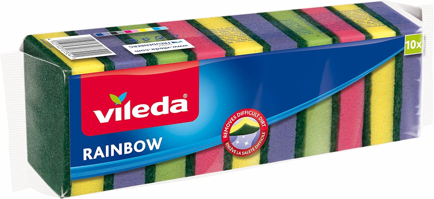 vileda rainbow medium foam sponge scourer, eco friendly, comfortable grip, value pack 10 pcs, multi colours