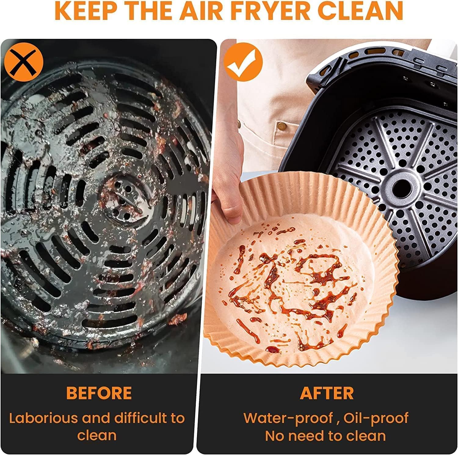 sky touch 100pcs air fryer disposable paper，non stick parchment paper for air fryer liners，round food grade baking paper for air fryer，16cm/6.3inch，brown