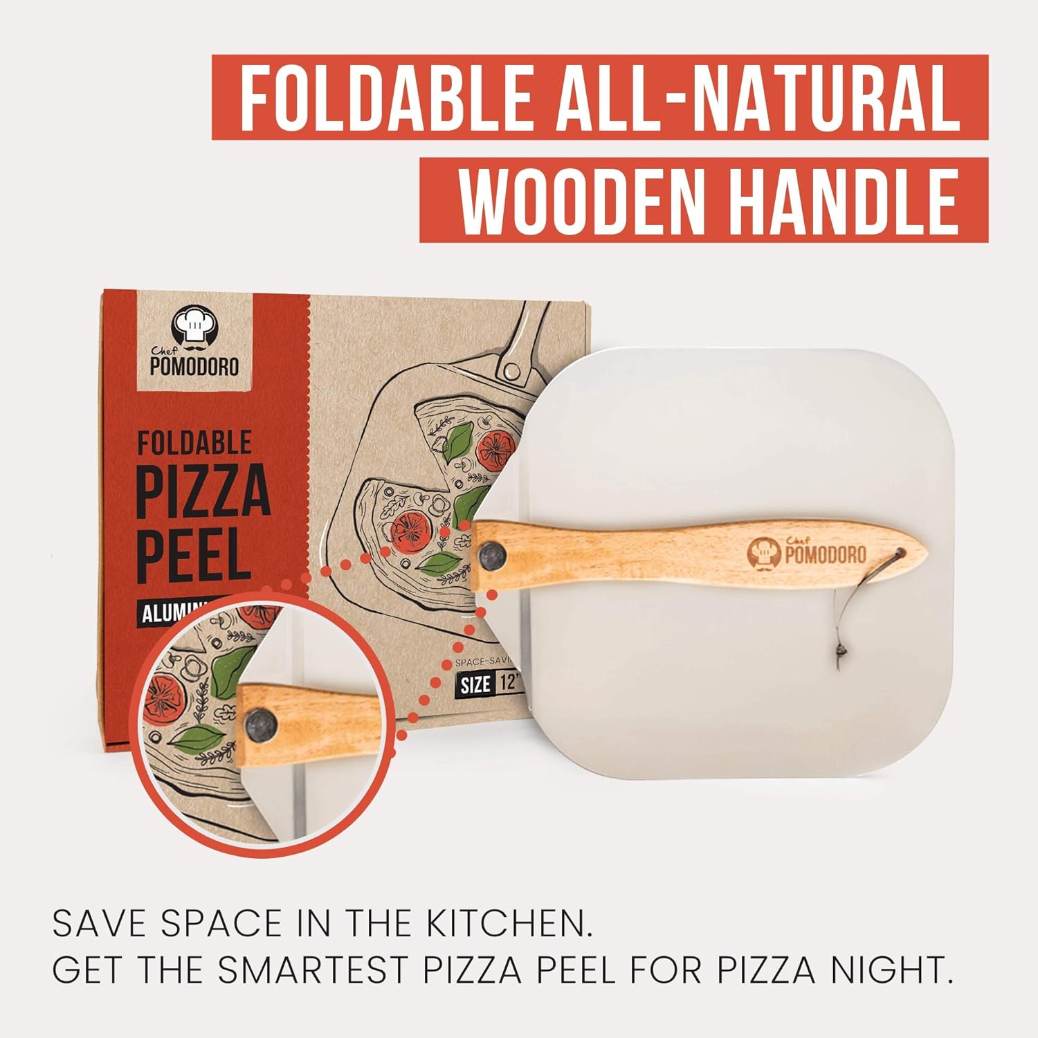 chef pomodoro aluminum metal pizza peel with foldable wood handle for easy storage 12 inch x 14 inch gourmet luxury pizza paddle bread aluminium