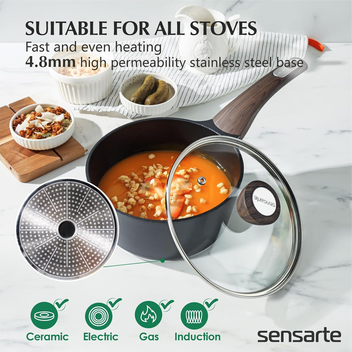 sensarte pots and pans set nonstick, 14 pcs induction kitchen cookware sets, non toxic non stick cooking set with frying pans set & saucepan, pfoa pfos apeo free, black