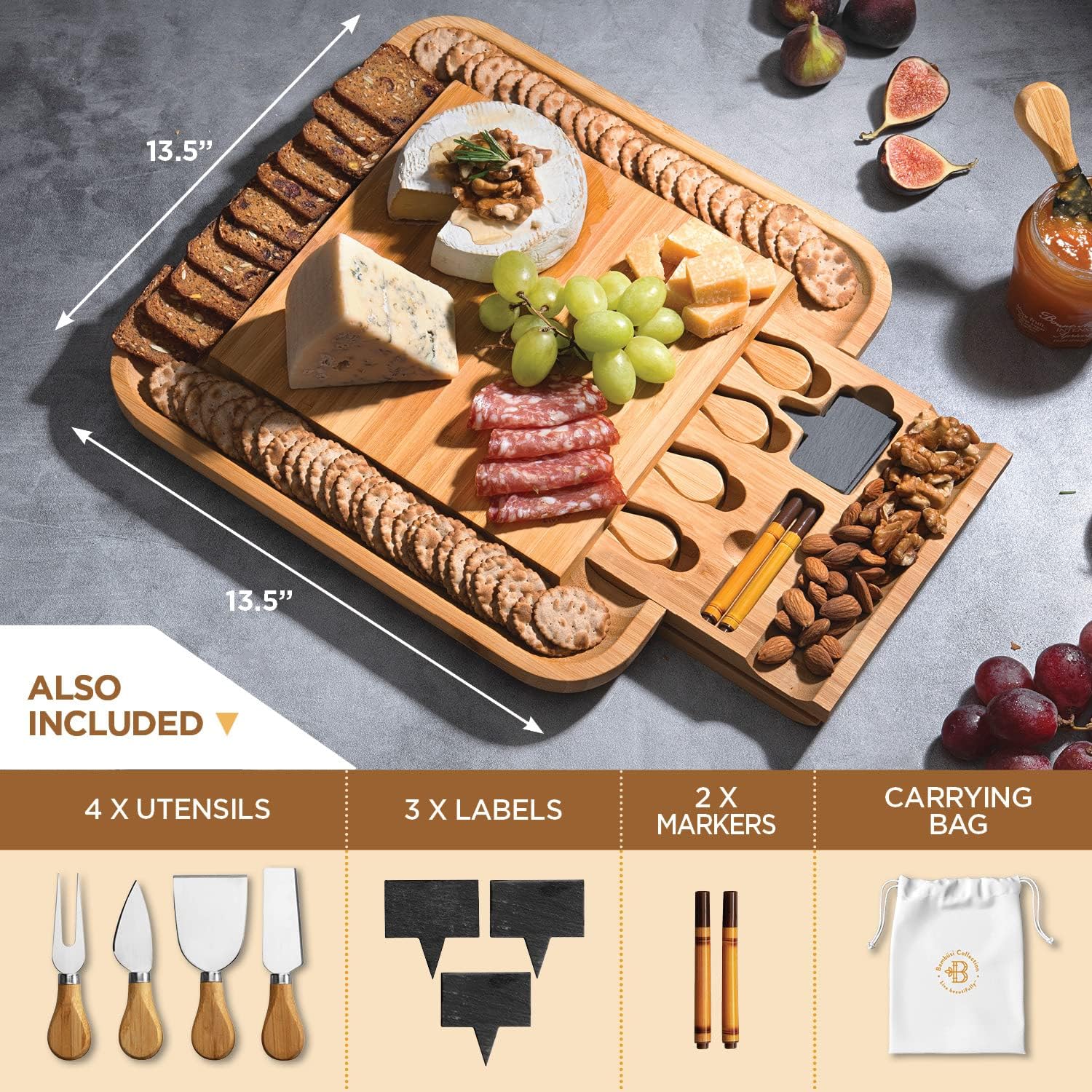 bambüsi appetizer plate & dessert plate large charcuterie board gift set bamboo cheese board and knife set wooden cheese board platter with 4 cheese knives housewarming, wedding gift