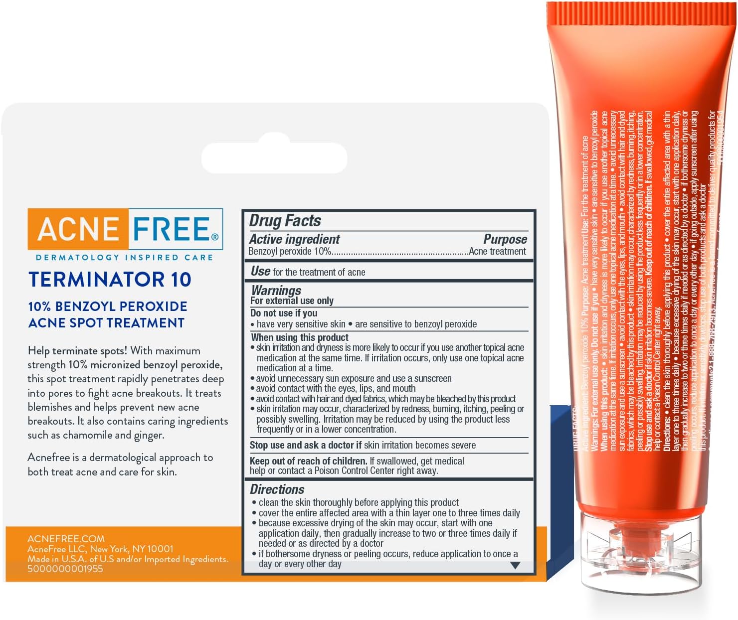 acnefree terminator 10 acne spot treatment with benzoyl peroxide 10% maximum strength acne cream treatment, 1 ounce pack of 1