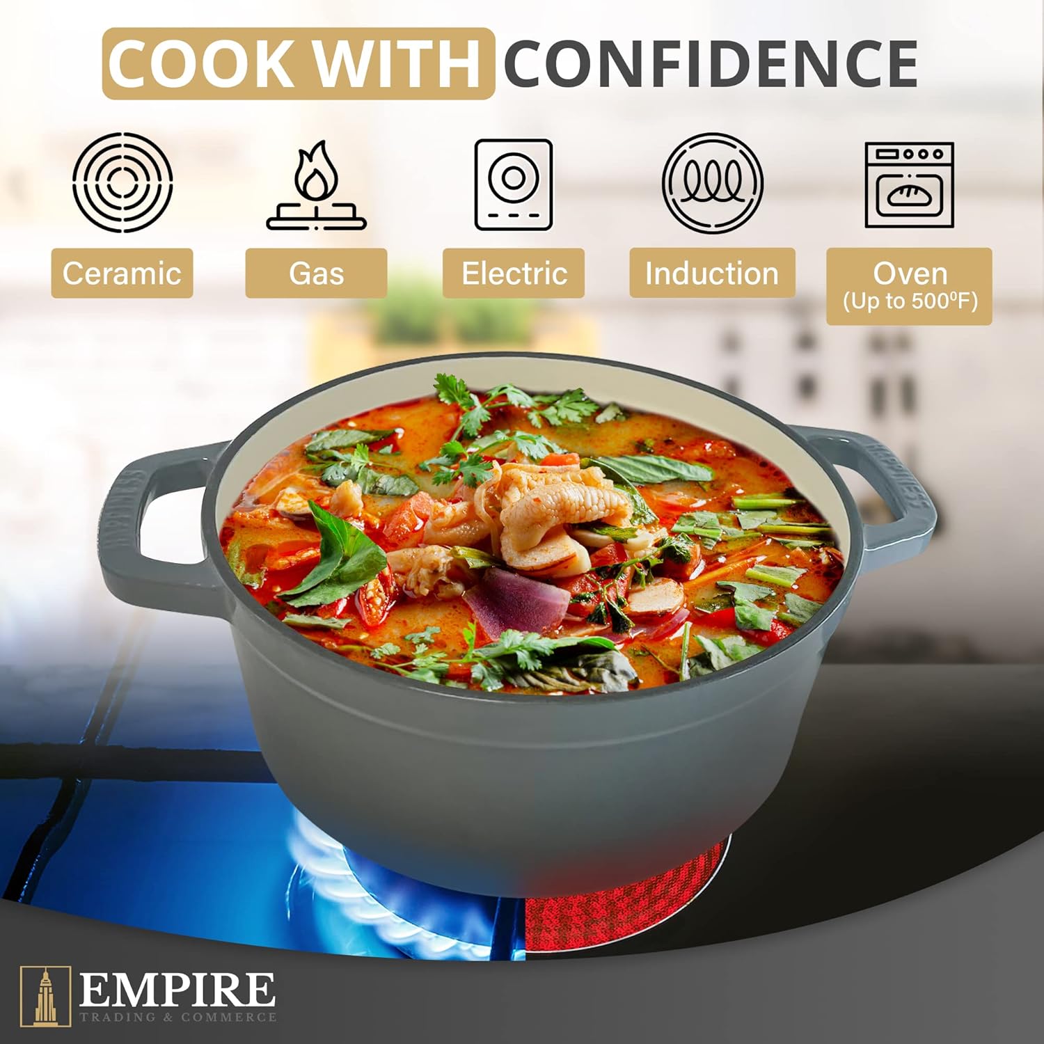 empire cast iron dutch oven pot, pre seasoned 4.2 quart – 25cm diameter non stick dutch oven pot with lid, silicone handles, heavy duty cast iron pot for stews, baking, braising, roasting