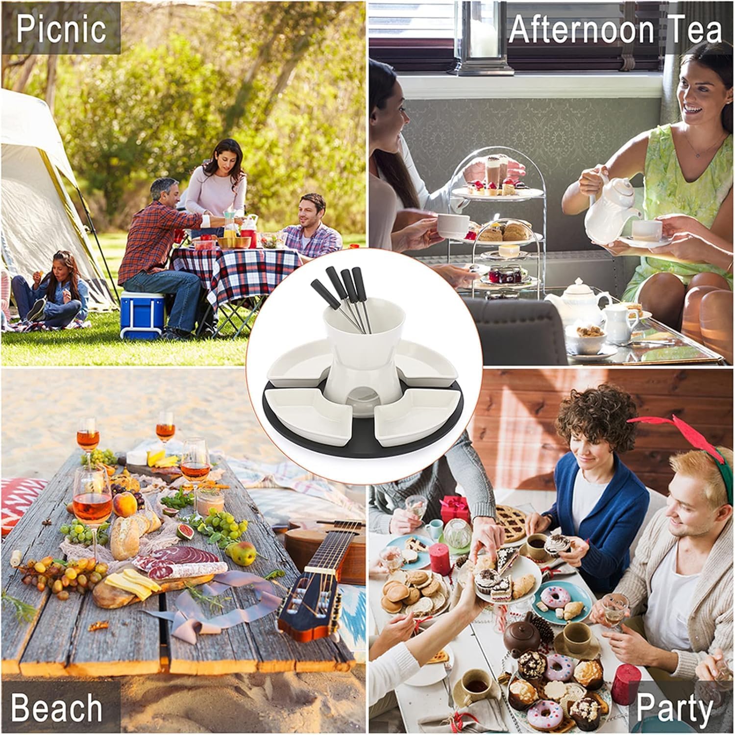 rgsgzco white ceramic chocolate fondue pot set cheese ice cream warmer, 300ml butter fondue set tea light candle fondue pot with wooden pallet and 4 forks and 4 dishes