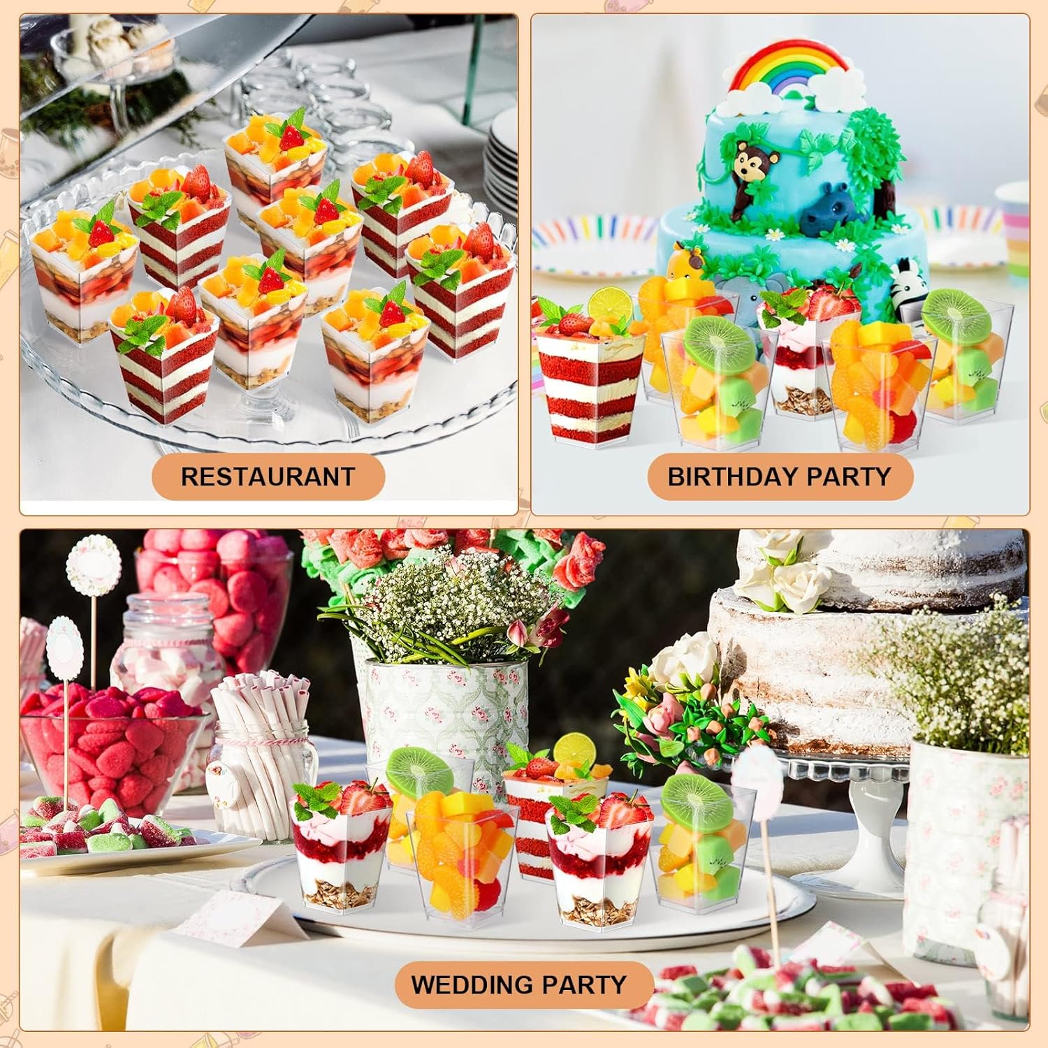 kowvowz 30pack 5oz square plastic dessert cups with plastic spoons, clear plastic parfait appetizer cup, reusable small clear plastic tumbler cups great for desserts, puddings, mousse (style a)