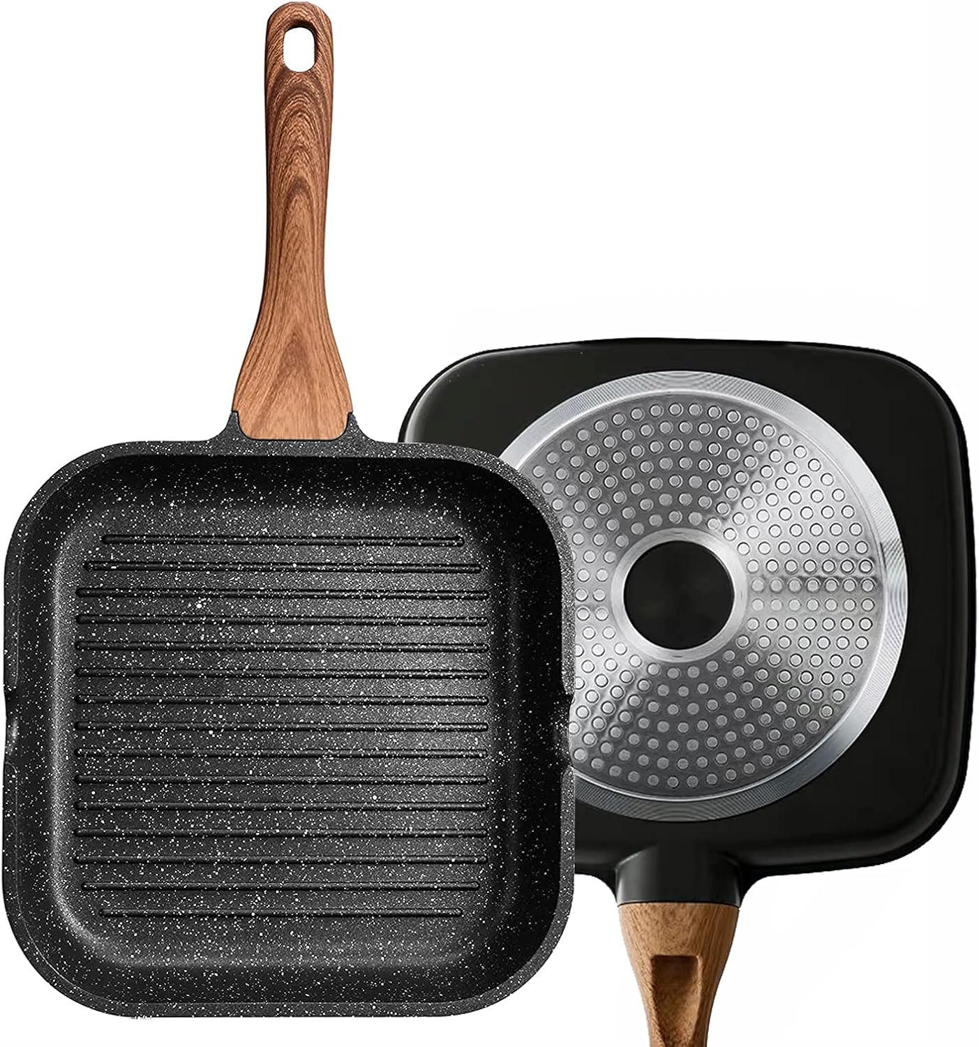 angju nonstick grill pan for stove tops with pour spouts induction compatible, granite coating, 10 inch(25cm), black