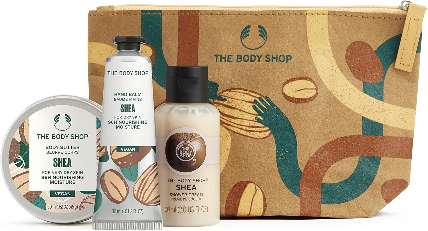 the body shop lather & slather shea gift bag gift set, for dry skin, vegan